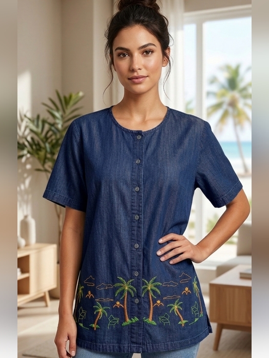 Tops - Vtg Dark Wash Denim Palm Tree Embroidered Button Up Shirt Large